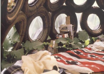 Architectural student from University of Cincinnati, Dave Duval, built this shelter for himself on the back of my property while helping me build other tire projects. We played music in the evenings.